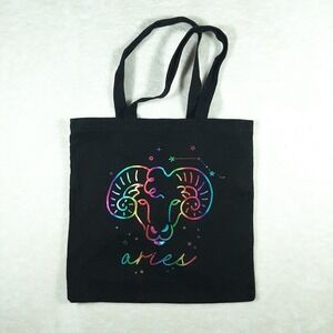 Aries Zodiac Shiny Colorful Black Canvas Reusable Shopping Tote Bag Sugar & Jade
